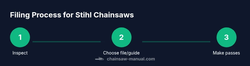 Infographic showing a three-step filing process for Stihl chainsaws in a workshop