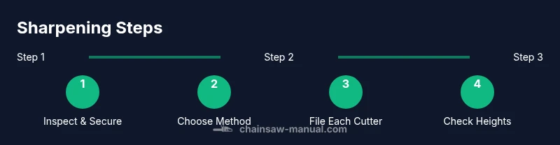 Infographic showing four-step chainsaw sharpening process in dark theme