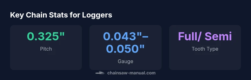 Infographic showing common chainsaw chain pitches and gauges used by loggers