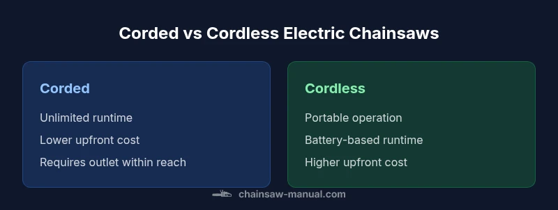 Comparison infographic showing corded vs cordless electric chainsaws