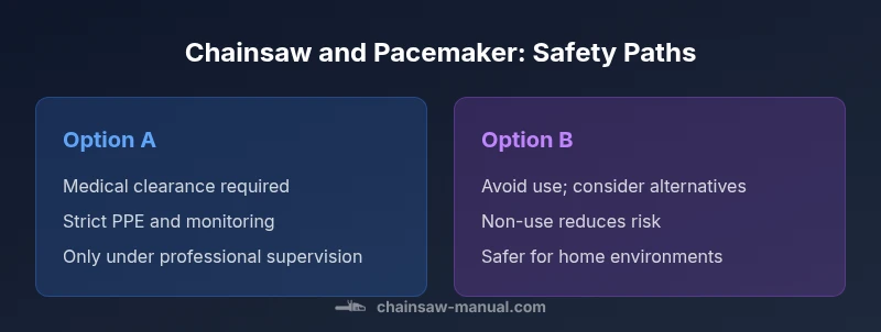 Infographic comparing safety paths for pacemaker wearers considering chainsaw use