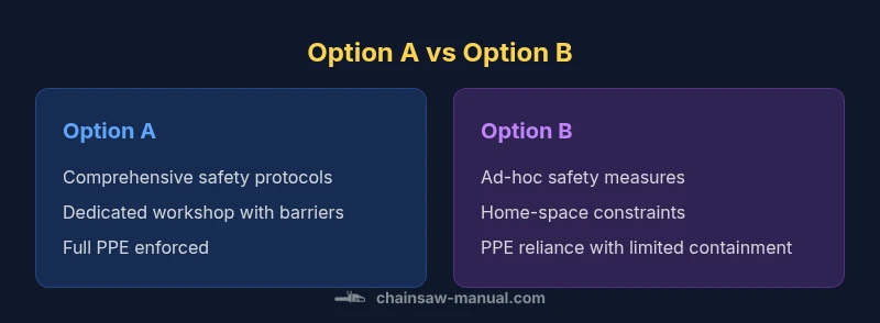 Comparison infographic: Workshop safety vs home safety for chainsaw use near family