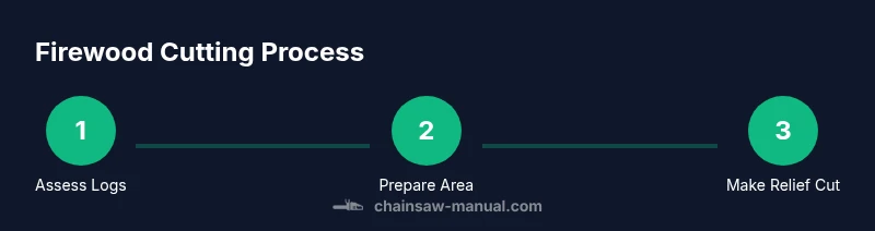 Infographic showing three steps in firewood cutting with a chainsaw