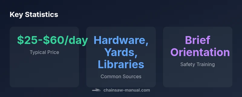 Stats infographic showing chainsaw rental options, costs, and safety steps