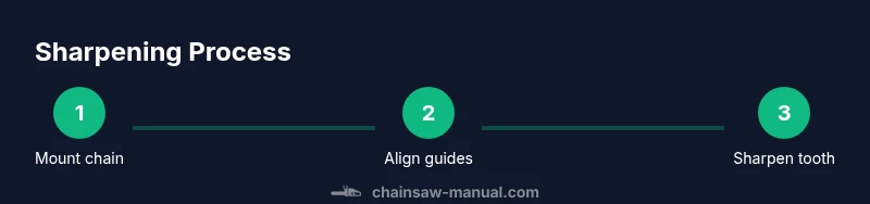 Infographic showing three steps to sharpen a chainsaw chain with a sharpening machine