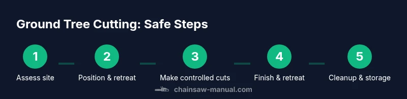 Process infographic showing steps to safely cut a ground-level tree with a chainsaw