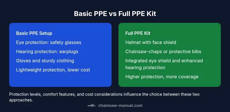 Comparison infographic showing Basic PPE vs Full PPE Kit for chainsaw use
