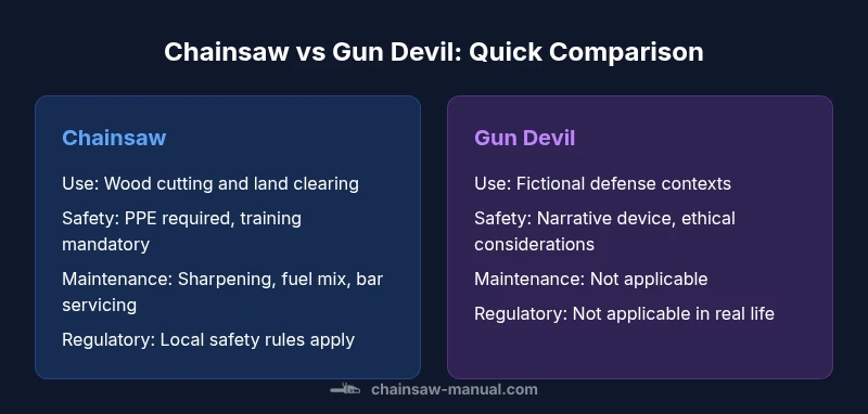 Side-by-side infographic comparing chainsaw and fictional gun devil, safety-focused.