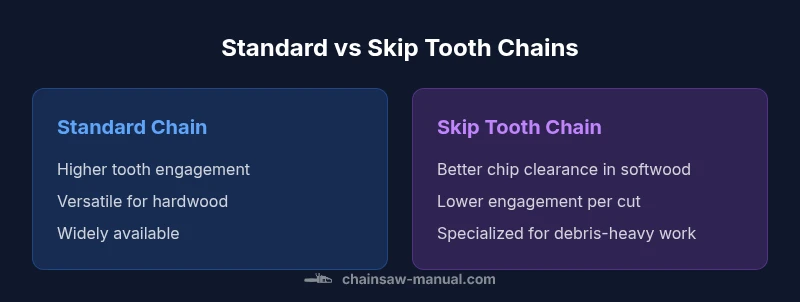 Comparison infographic showing standard vs skip tooth chains
