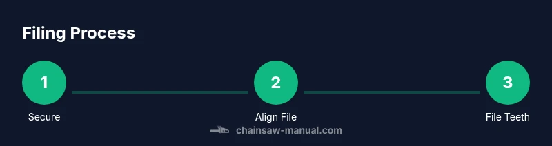 Process diagram showing securing the chain, aligning the file, and filing teeth with a 5/32 in file