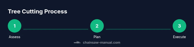 Infographic showing a 3-step process for safe chainsaw tree cutting