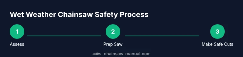 Infographic showing a three-step wet-weather chainsaw safety process