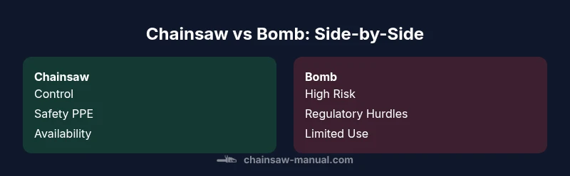 Infographic comparing chainsaw and explosive demolition on safety, legality, and usage
