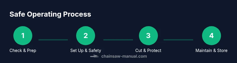 Process infographic showing four steps to safely use a Dewalt 20V cordless chainsaw