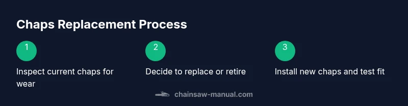 Process infographic showing step-by-step replacement of chainsaw chaps
