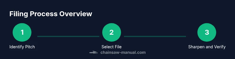 Infographic showing a 3-step process for selecting and using the correct chainsaw filing method