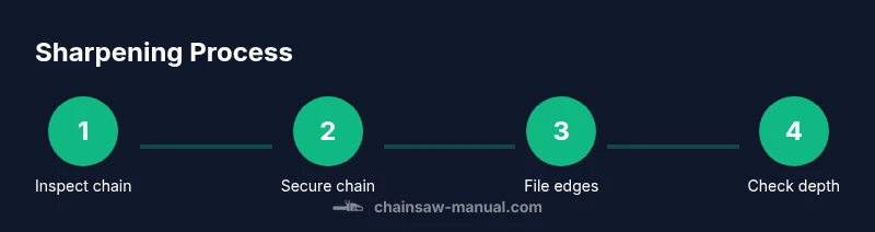 Process diagram showing four steps to sharpen a chainsaw chain