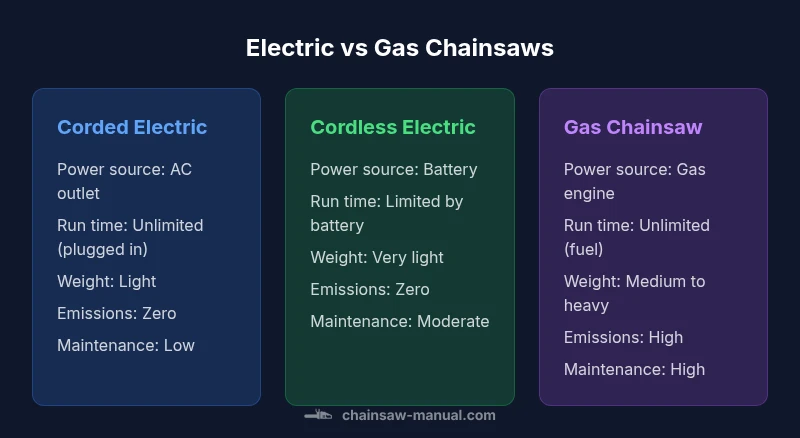Infographic comparing corded electric, cordless electric, and gas chainsaws