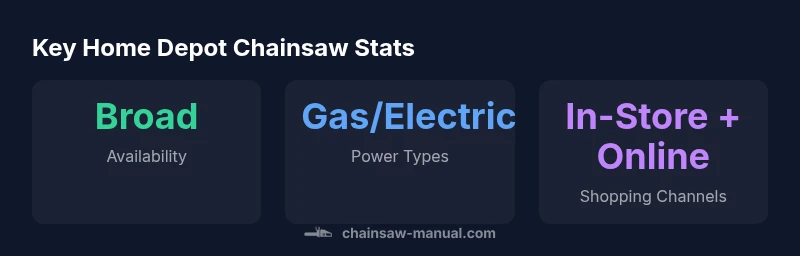 Infographic showing Home Depot chainsaw power types, availability, and shopping channels
