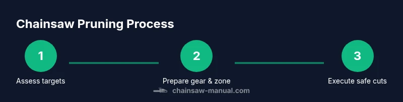 Infographic showing a 3-step chainsaw pruning process