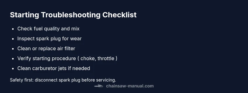Checklist infographic for diagnosing starting problems on a Stihl chainsaw