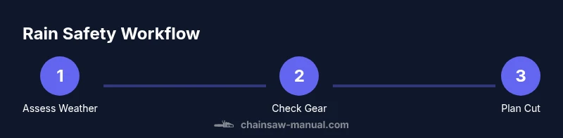 Diagram showing rain safety steps for using a chainsaw